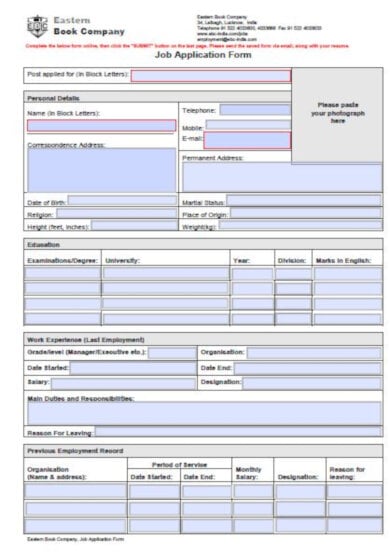 formatted job application form template