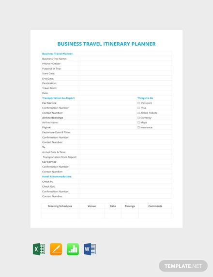free business travel itinerary planner template