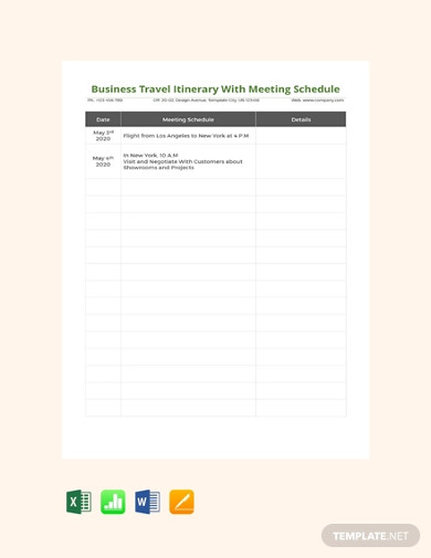 free business travel itinerary with meeting schedule template