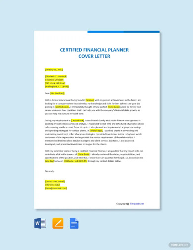 free certified financial planner cover letter template