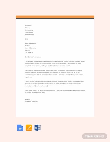 Customer Complaint Letter Templates - Google Docs, MS Word, Pages, DOC