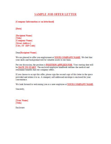 free job offer letter template