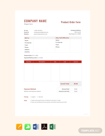 free product order form template