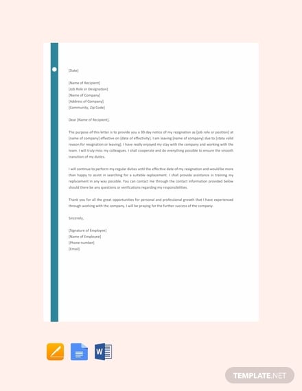 free resignation letter with 30 day notice 440x570
