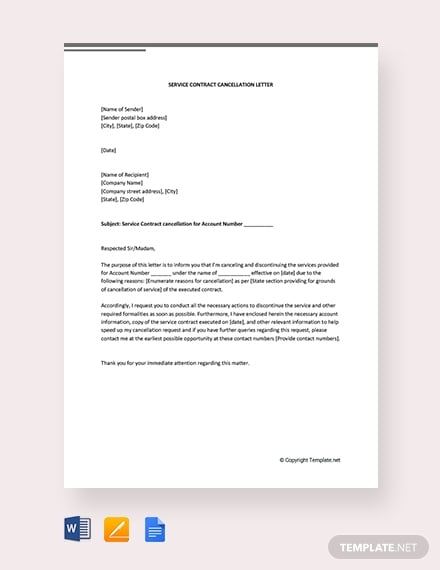free service contract cancellation letter template