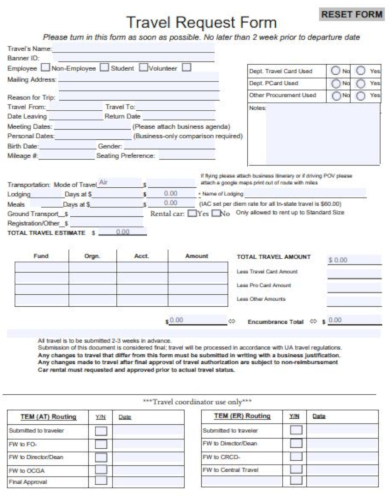 Travel Request Template Excel