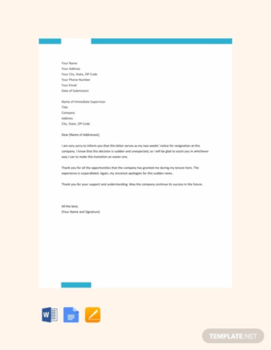 free two weeks notice resignation letter template