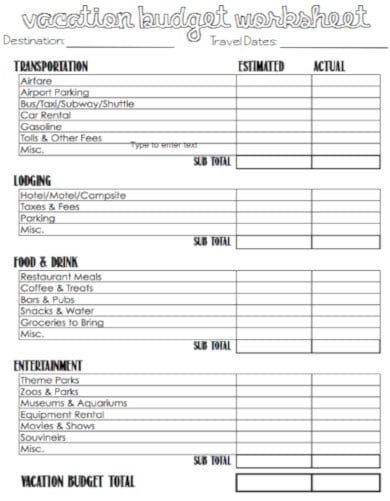 free vacation budget template