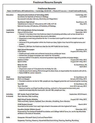 freshman college application resume sample