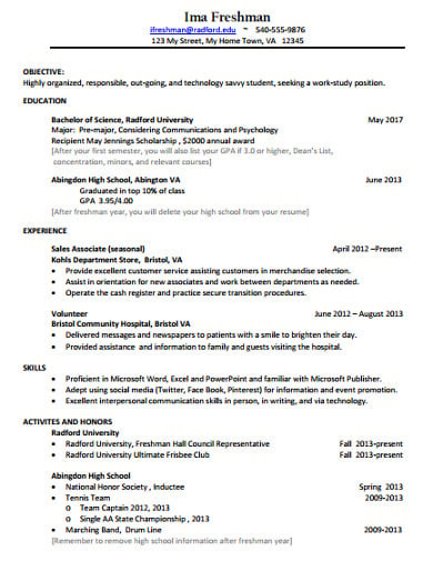 freshman college application resume template