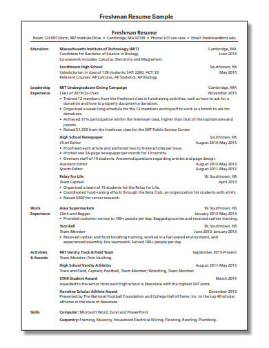 freshman-college-resume-templates