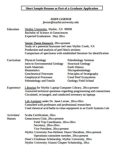graduate student college application resume