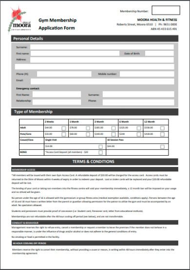 gym membership contract form template
