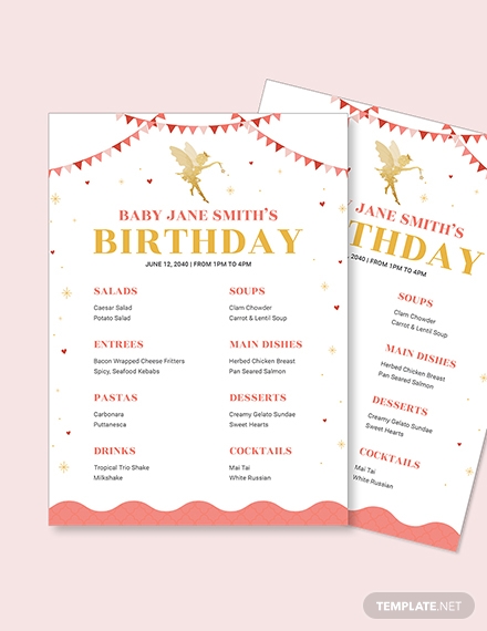 kids birthday party menu template
