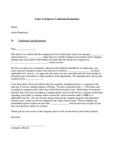 letter to employee confirming resignation
