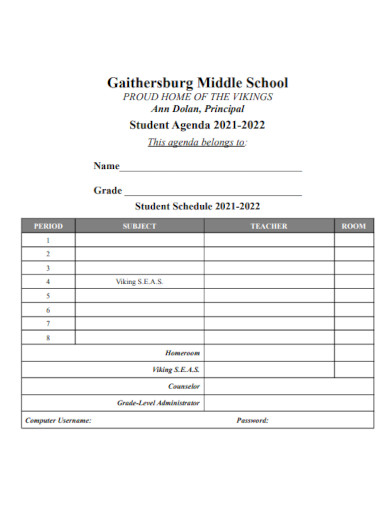 middle school student homework planner timetable