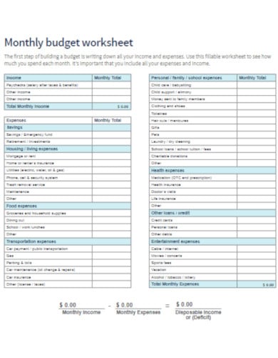 monthly budget worksheet