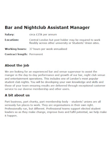 nightclub assistant manager job description template