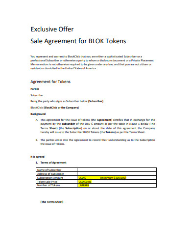 offer sale agreement template