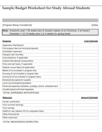 personal sample budget format