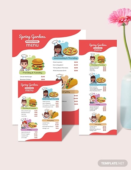 pre school cafeteria menu template