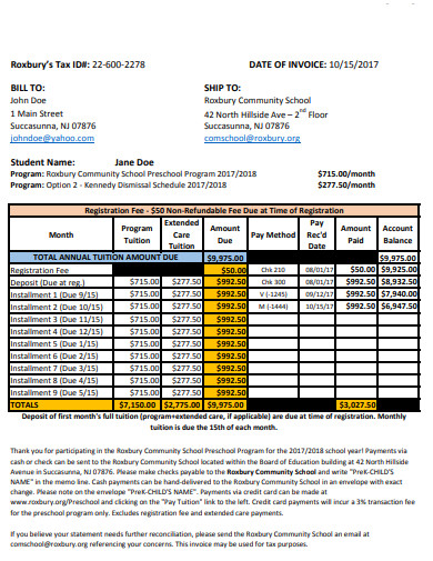 preeschool invoice example