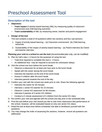 11+ Preschool Assessment Templates - PDF