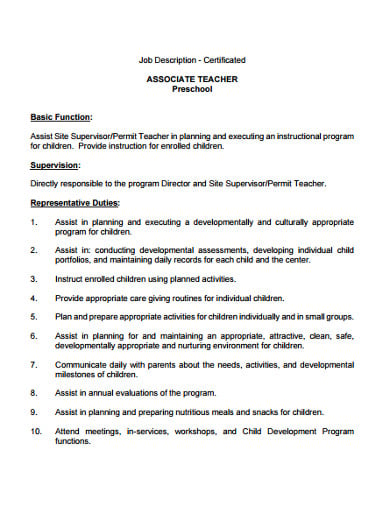 preschool associate job description template