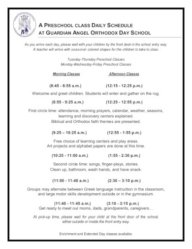 preschool class daily schedule in pdf