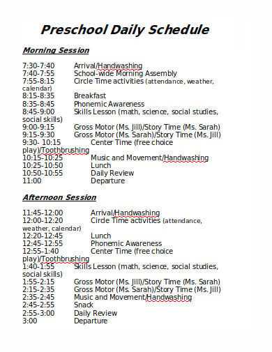 preschool daily schedule in doc
