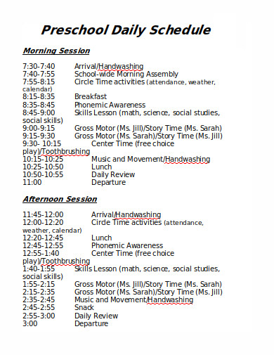 19+ Preschool Daily Schedule Templates in PDF | DOC