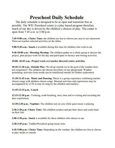 preschool daily schedule