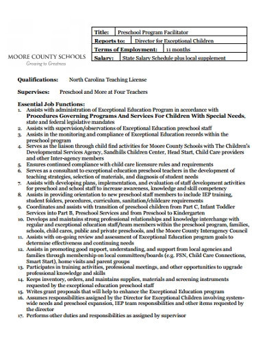 preschool employment job descriptions