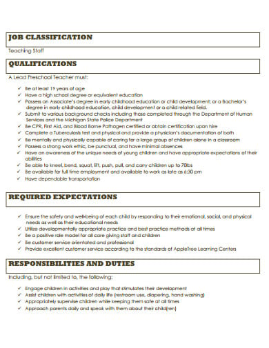 preschool job description classification