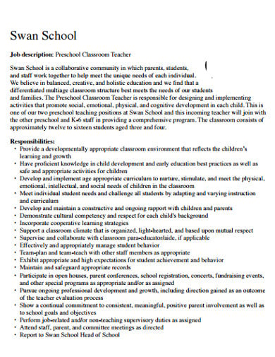 preschool job description template