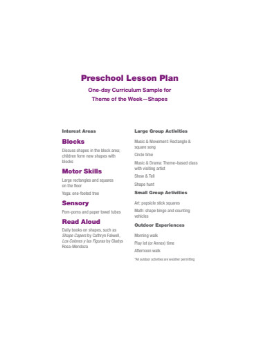 preschool oneday lesson plan template
