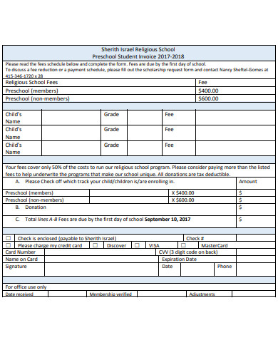 preschool student invoice template