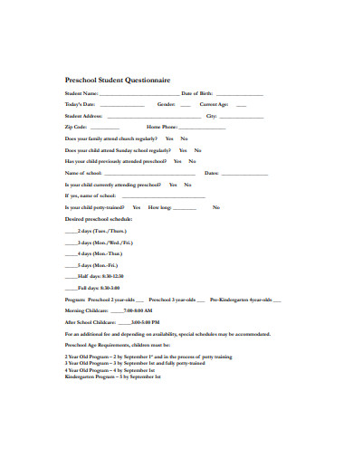 preschool-student-questionnaire-template