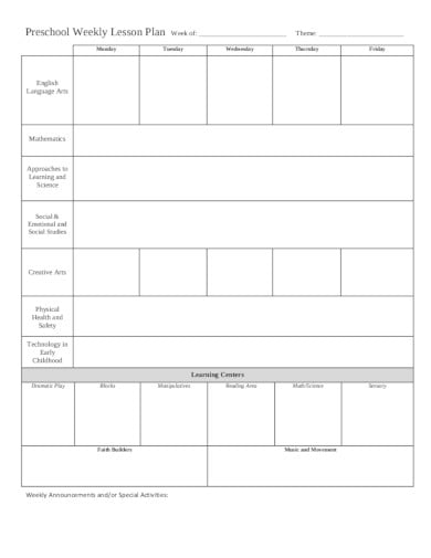 preschool weekly lesson plan template