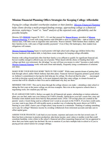 printable college financial plan example