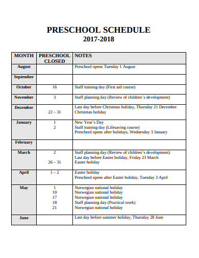 printable preschool schedule template