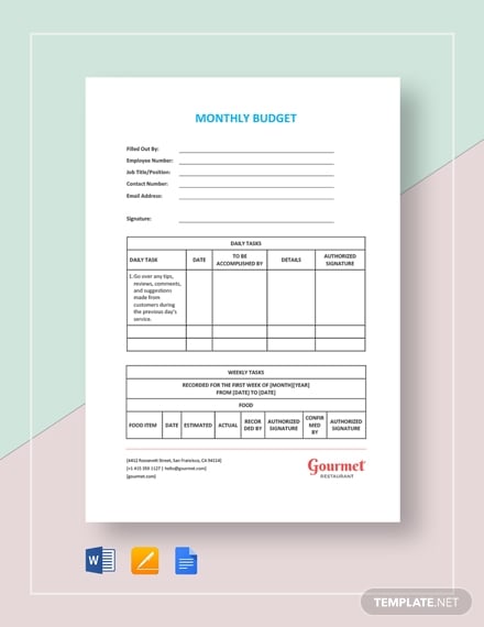 printable restaurant monthly budget example