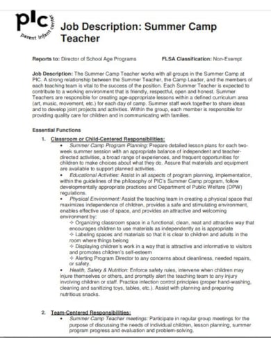 printable teacher job description template