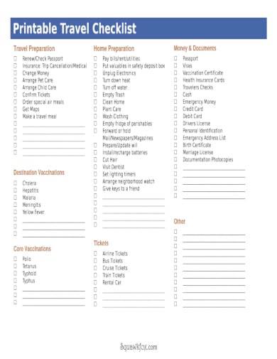 printable travel checklist template