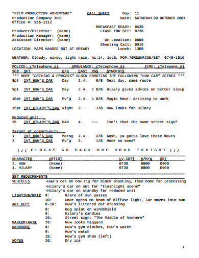 production call sheet example