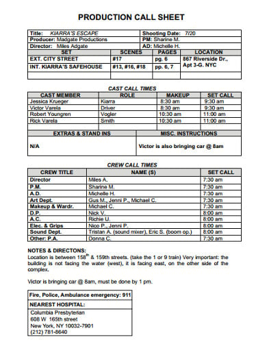 production call sheet template