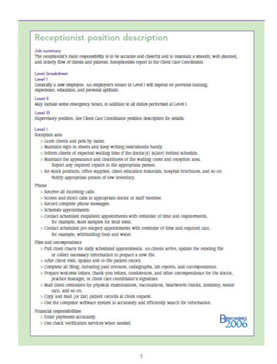 9+ Receptionist Job Description Templates - Word, Pages, PDF, Doc