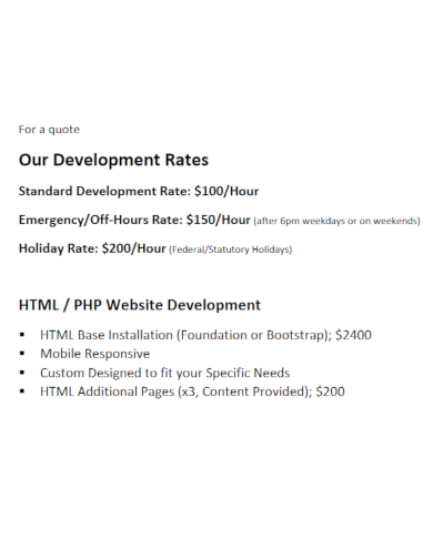 professional website estimate price list
