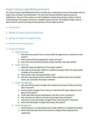 project closeout questionnaire template