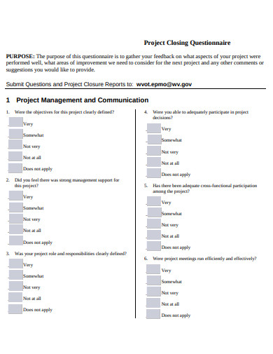 project closing questionnaire template